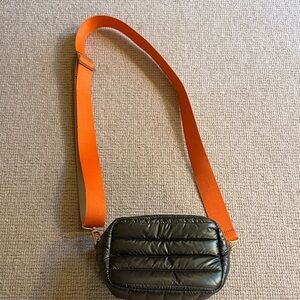 Stylish Olive Green Crossbody Bag with Orange Strap